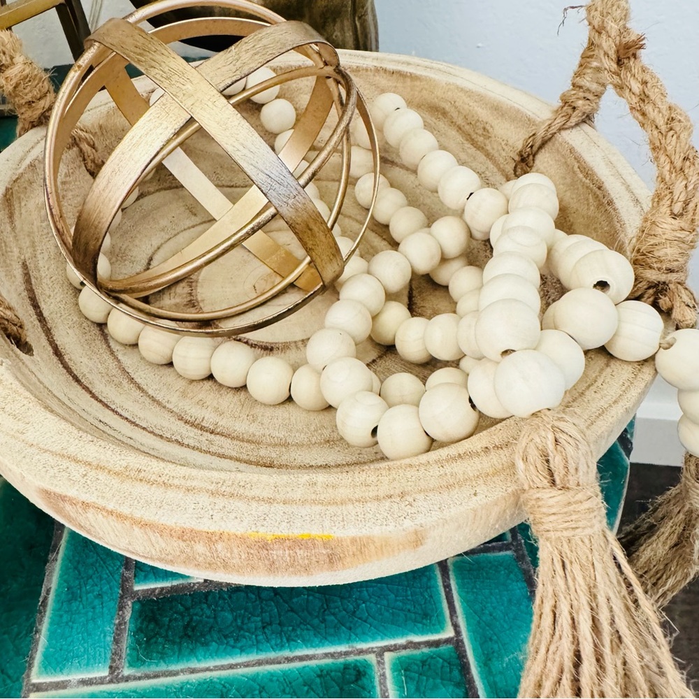 NEW POTTERY BARN White Cream Tan Wood Decor Low Bowl Knot Beads Chain Sphere - Picture 3 of 16